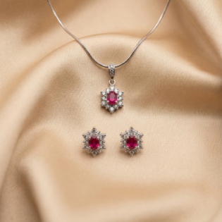 Ruby Bloom Silver Pendant Set