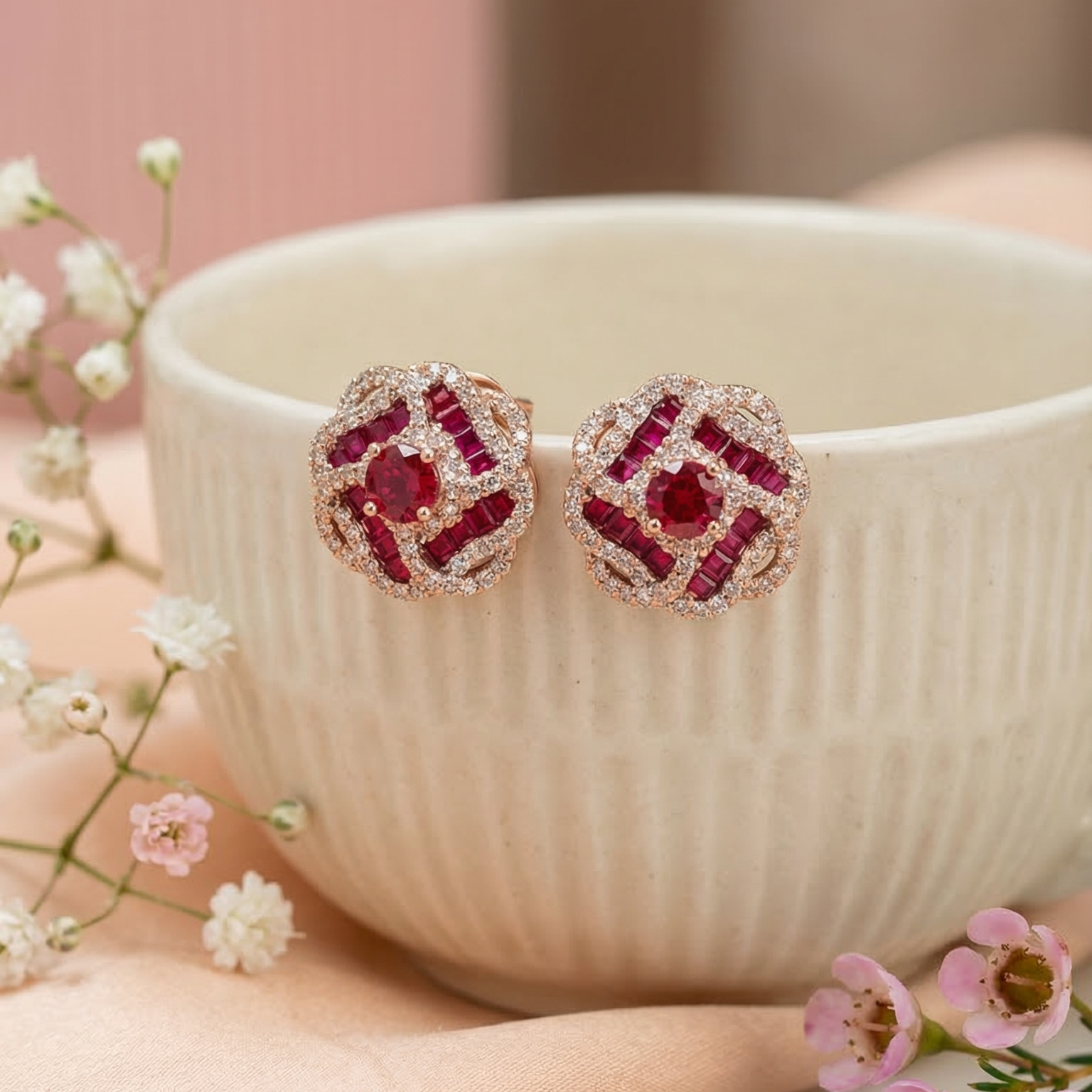 Ruby Rosette Halo Stud Earrings