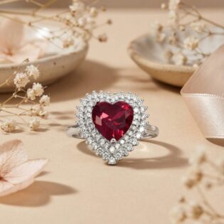 Crimson Heart Halo Silver Ring