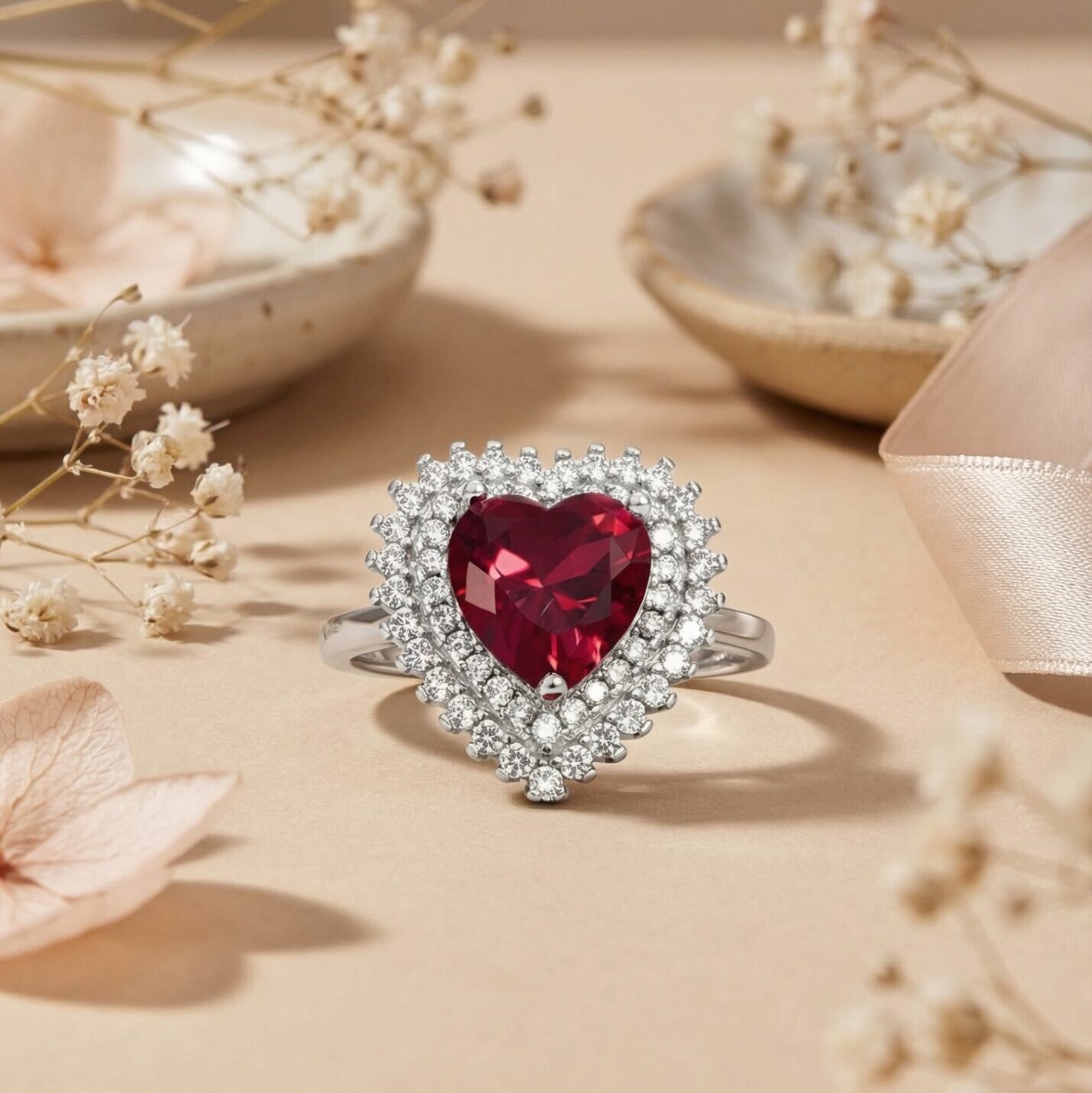 Crimson Heart Halo Silver Ring