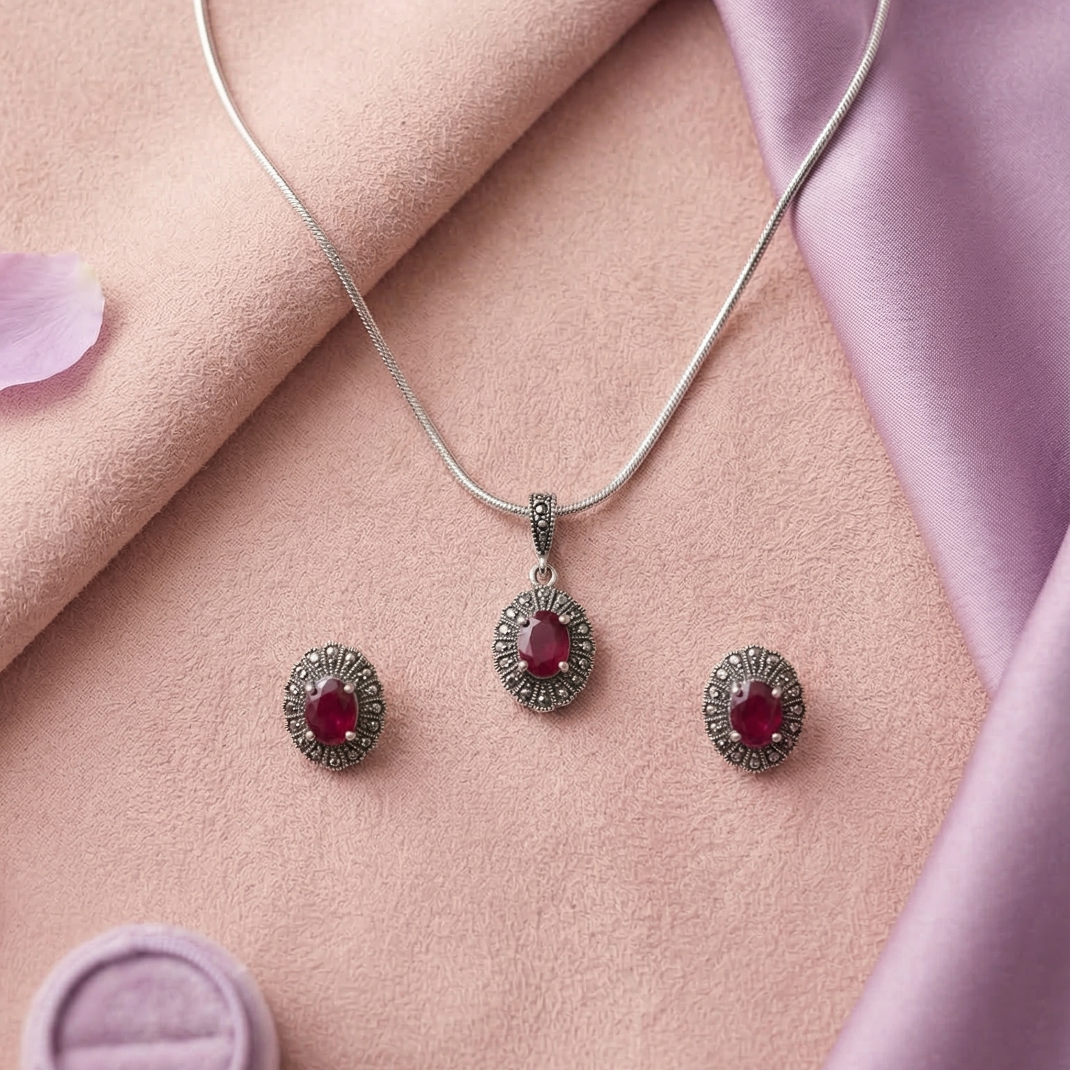Crimson Halo Silver Pendant Set
