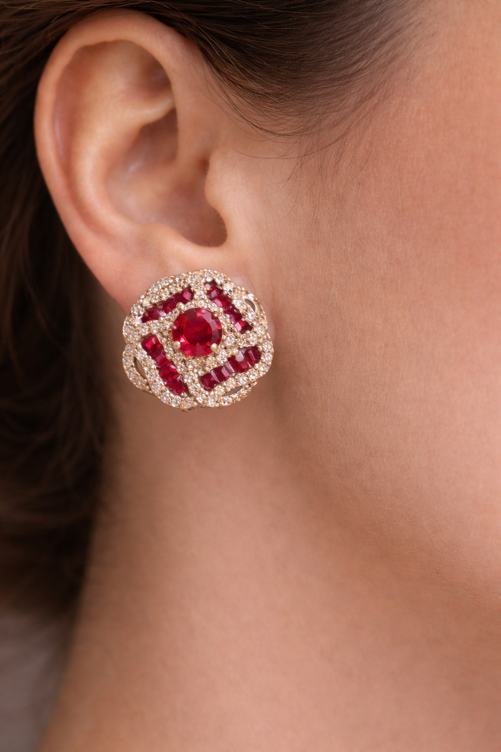 Ruby Rosette Halo Stud Earrings - Image 4
