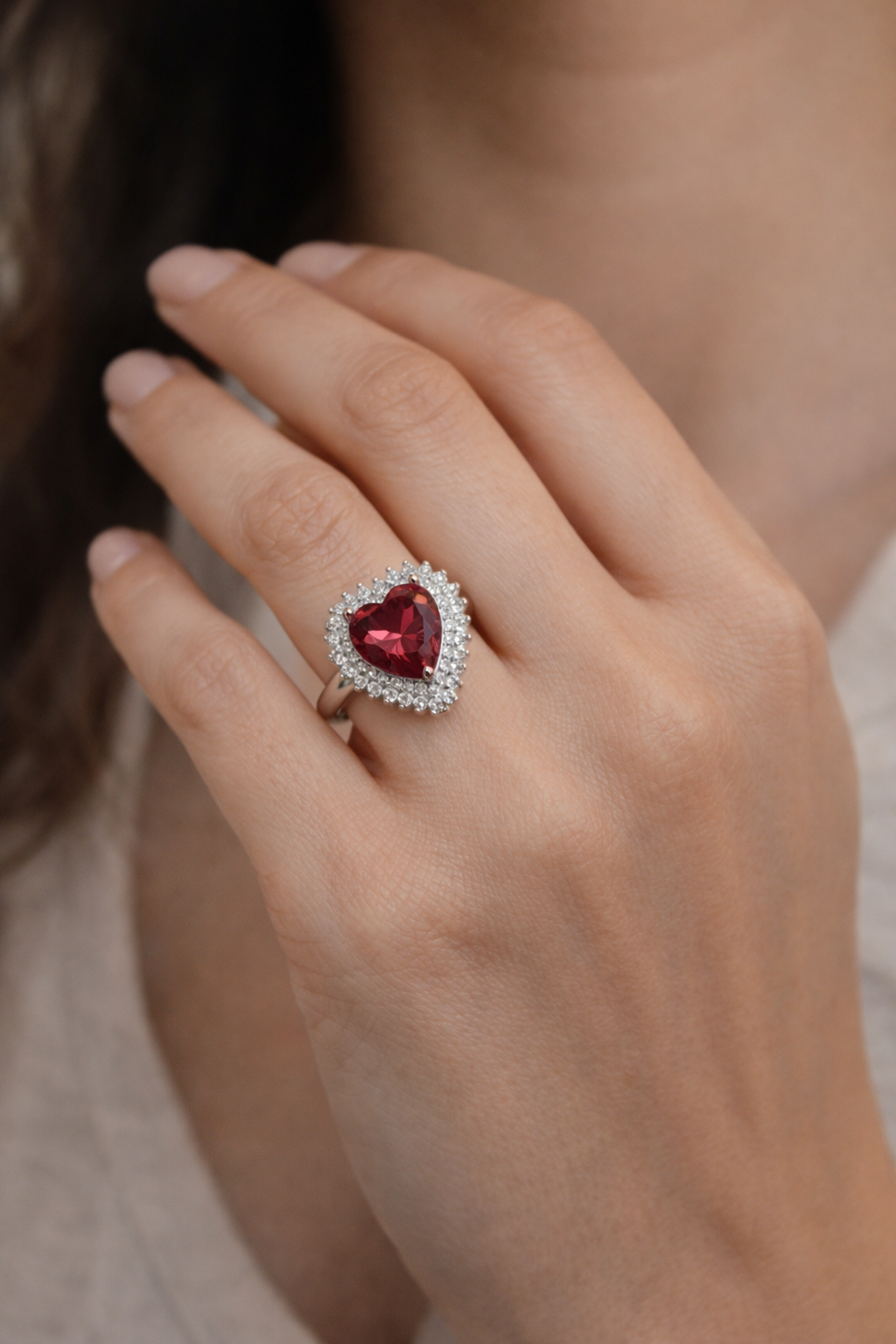 Crimson Heart Halo Silver Ring - Image 5