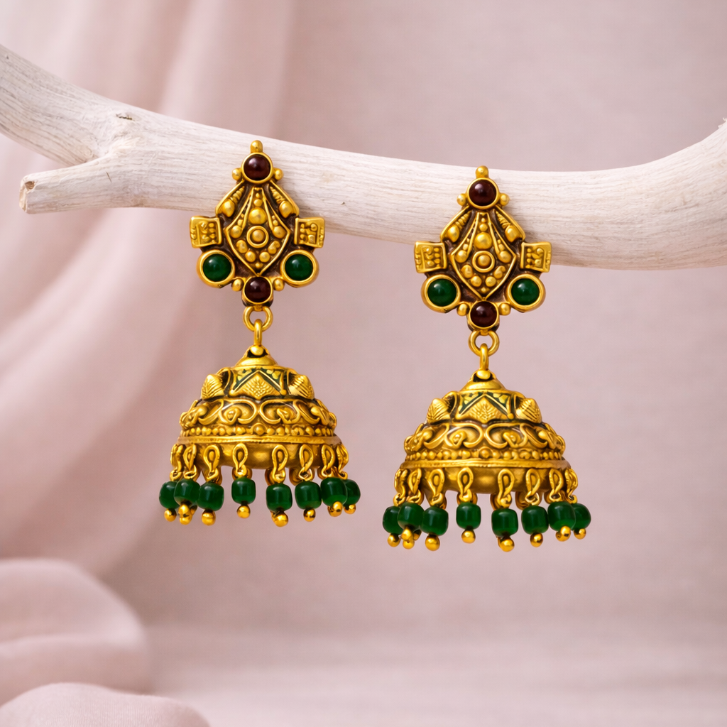Emerald Temple Jhumka – Pure Silver Antique Gold Finish Earrings