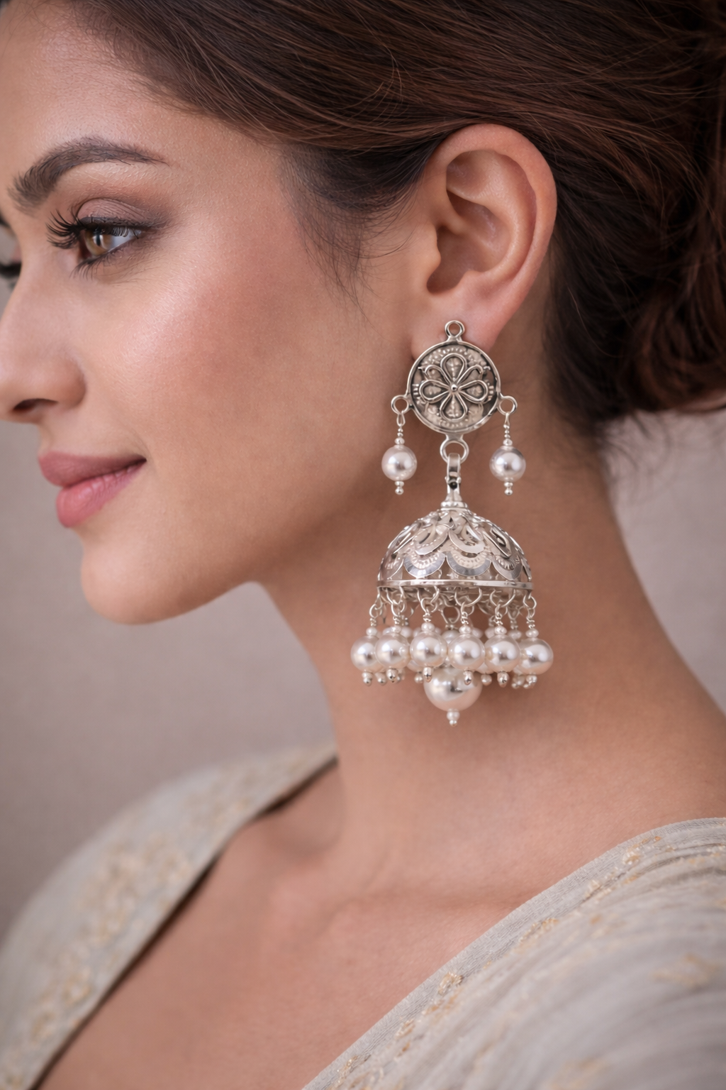 Chandrika Pearl Jhumka Pure Silver Earrings - Image 4