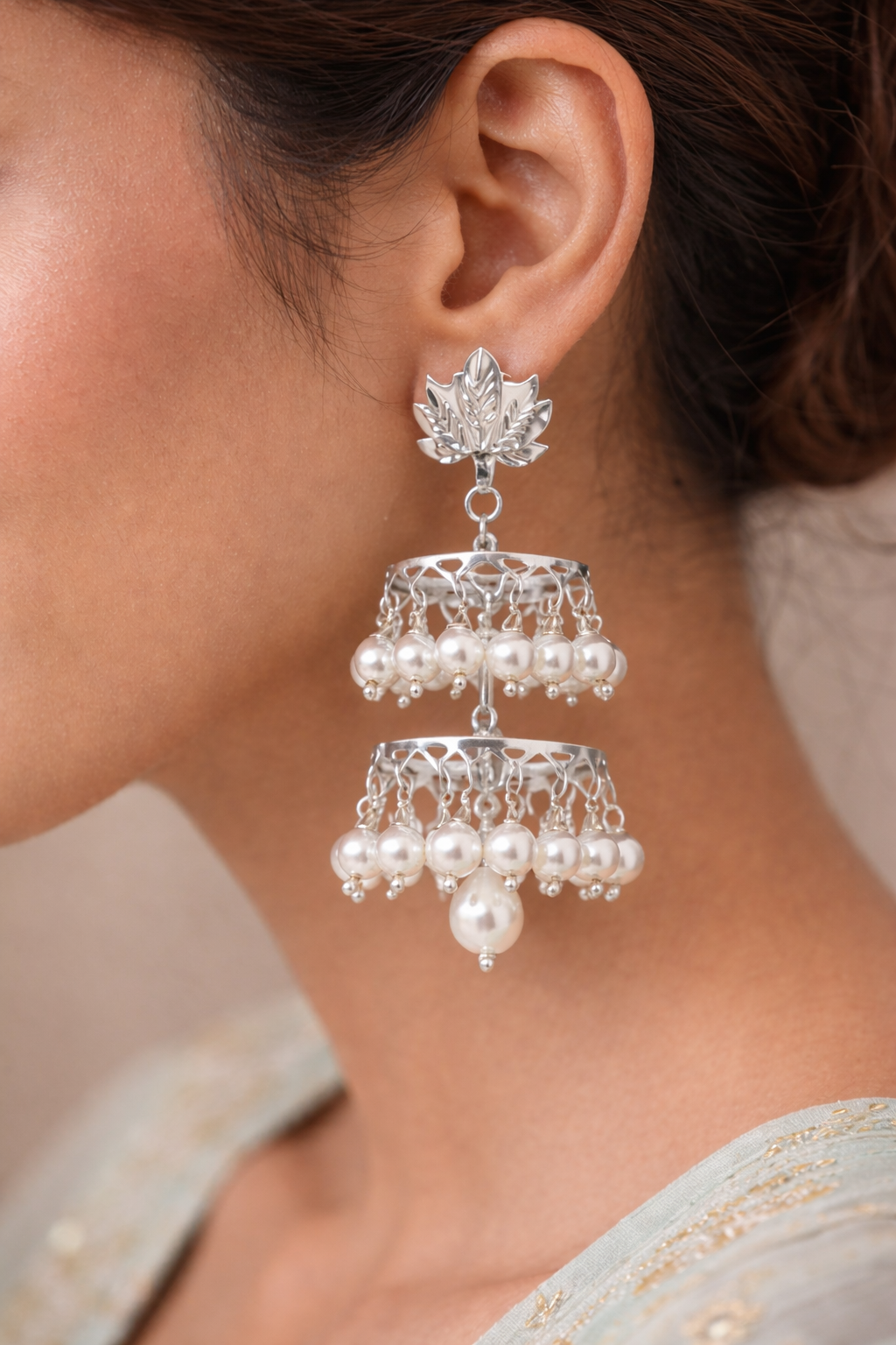 Pearl Cascade Jhumka – Dual-Layer Pure Silver Earrings - Image 5