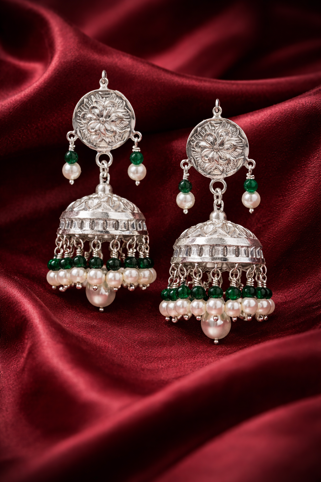 Emerald Pearl Noor Pure Silver Jhumka Earrings - Image 2