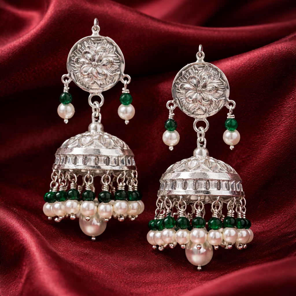 Emerald Pearl Noor Pure Silver Jhumka Earrings