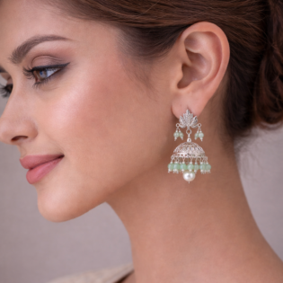 Mint Blossom Jhumka – Pure Silver Pearl & Chalcedony Earrings - Image 2