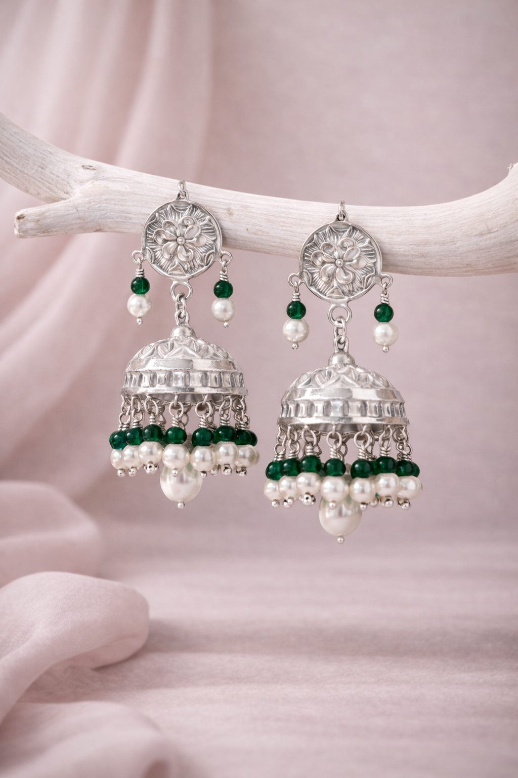 Emerald Pearl Noor Pure Silver Jhumka Earrings - Image 3