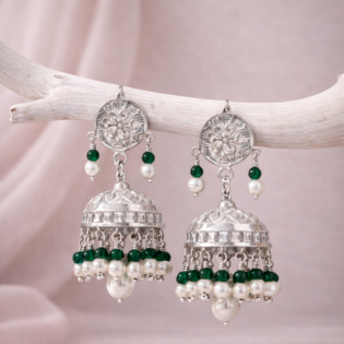 Emerald Pearl Noor Pure Silver Jhumka Earrings - Image 2