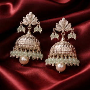 Mint Blossom Jhumka – Pure Silver Pearl & Chalcedony Earrings - Image 3