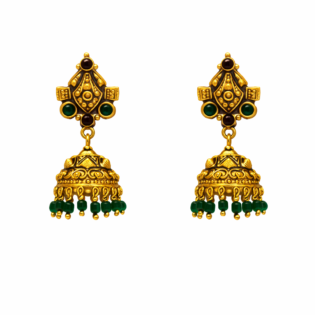 Emerald Temple Jhumka – Pure Silver Antique Gold Finish Earrings - Image 3
