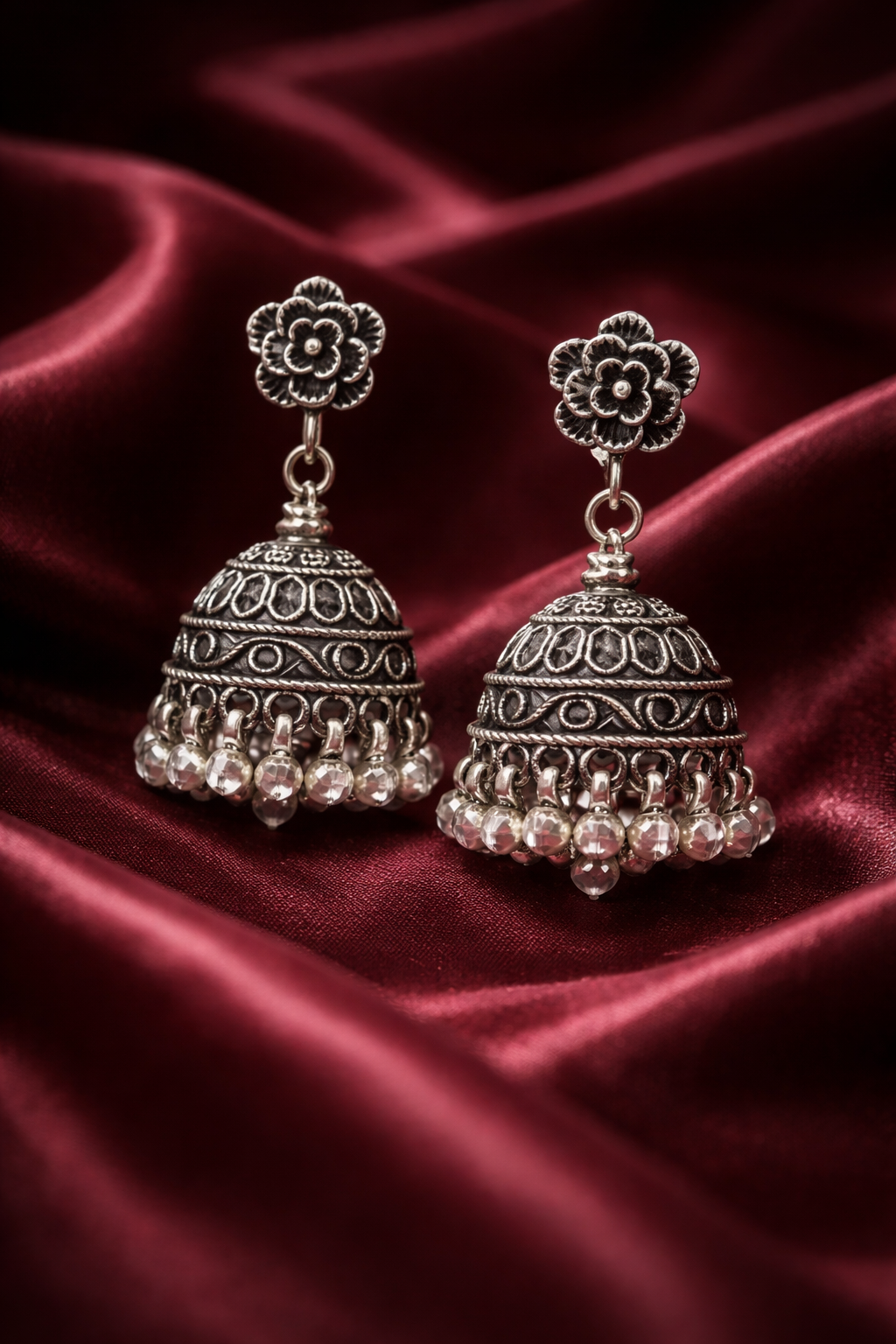 Kavya Bloom Antique Pure Silver Jhumka Earrings - Image 2
