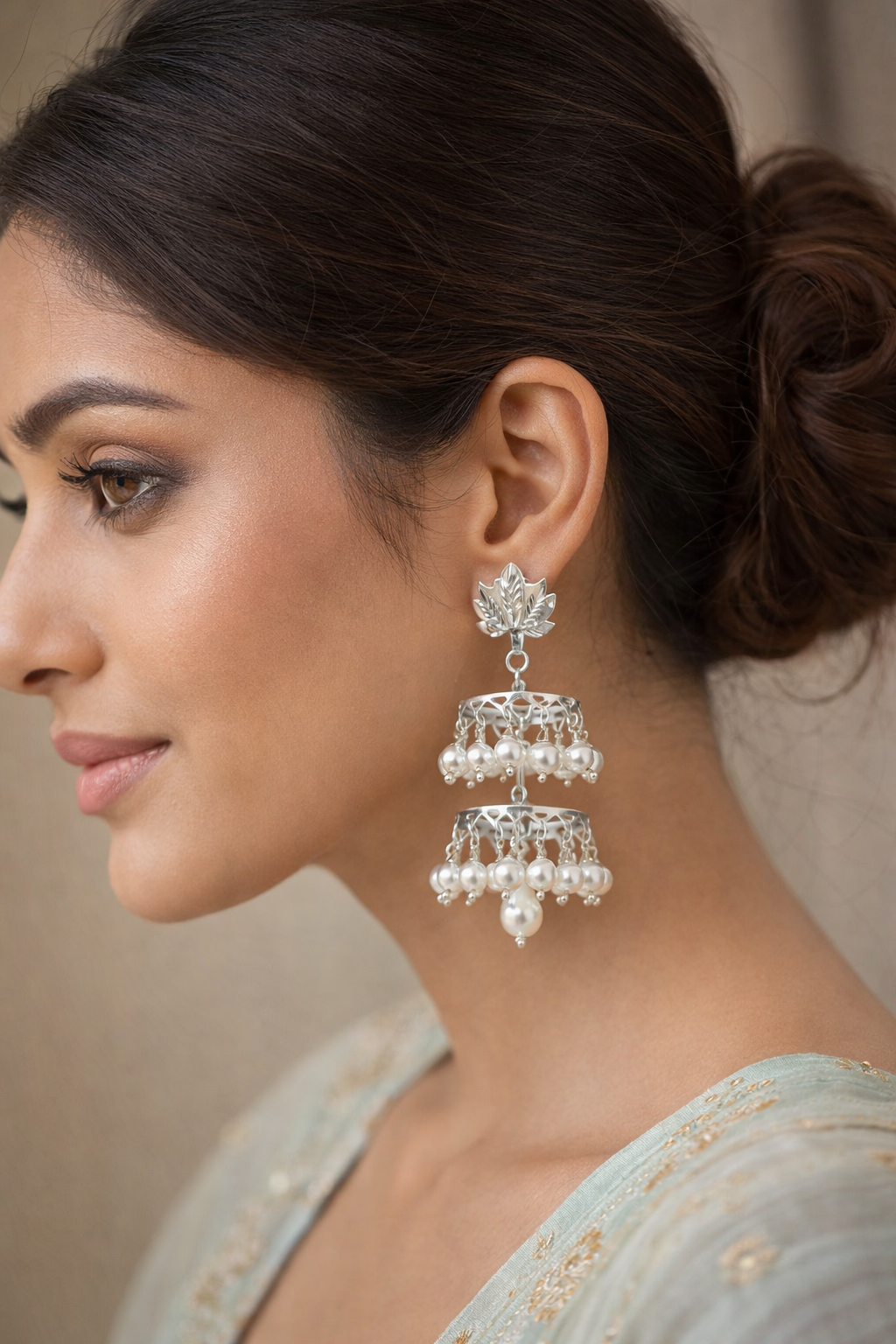 Pearl Cascade Jhumka – Dual-Layer Pure Silver Earrings - Image 4