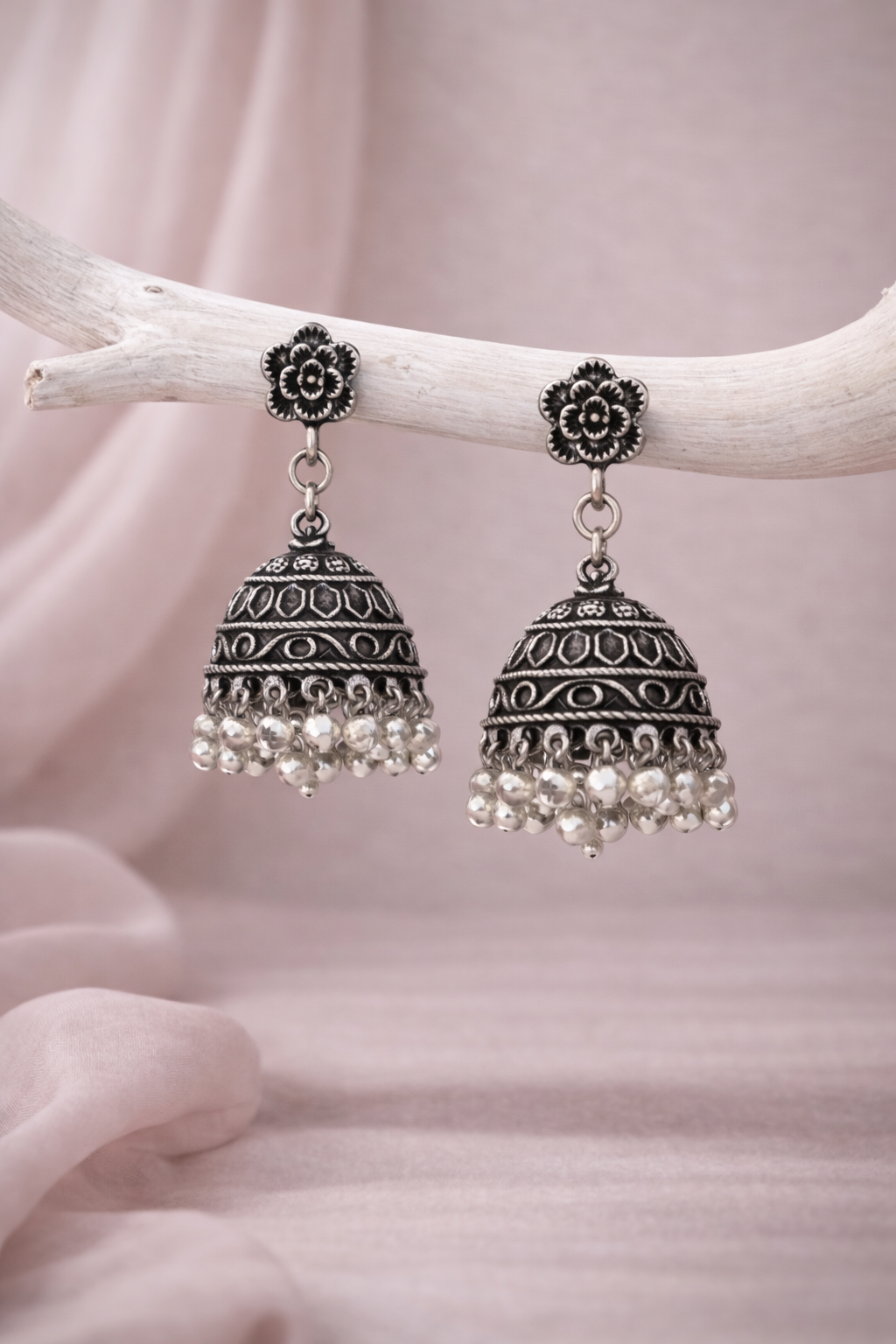 Kavya Bloom Antique Pure Silver Jhumka Earrings - Image 3