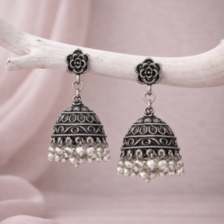 Kavya Bloom Antique Pure Silver Jhumka Earrings