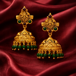 Emerald Temple Jhumka – Pure Silver Antique Gold Finish Earrings - Image 2