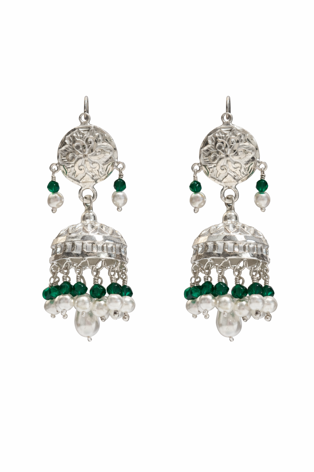 Emerald Pearl Noor Pure Silver Jhumka Earrings