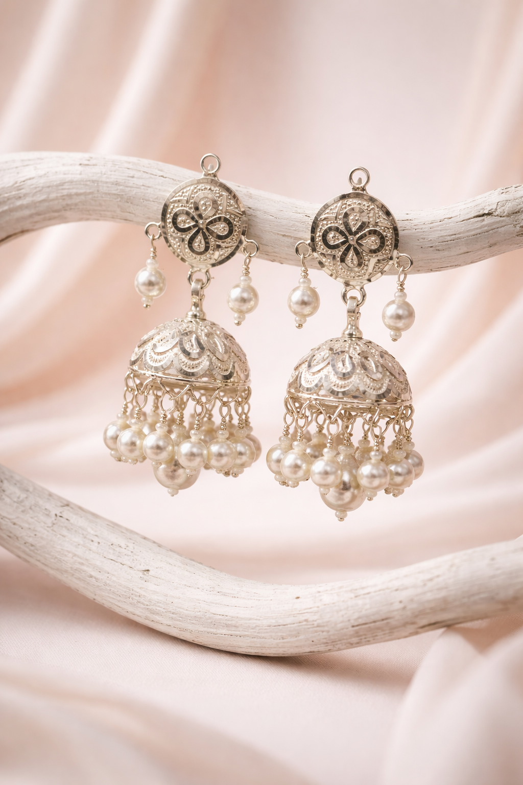 Chandrika Pearl Jhumka Pure Silver Earrings - Image 3