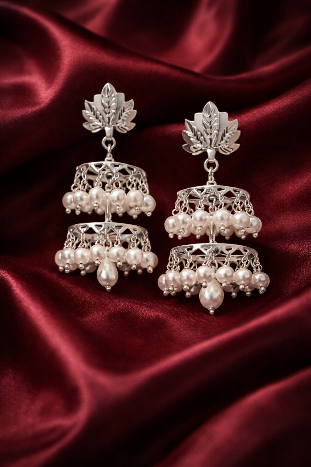 Pearl Cascade Jhumka – Dual-Layer Pure Silver Earrings - Image 2