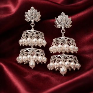 Pearl Cascade Jhumka – Dual-Layer Pure Silver Earrings - Image 2