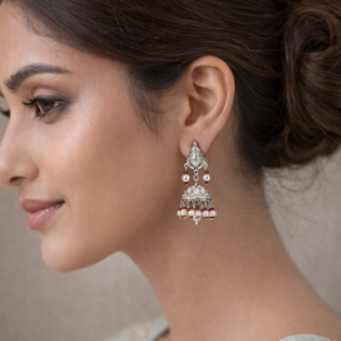 Noorika Pearl Flame Pure Silver Jhumka Earrings - Image 2