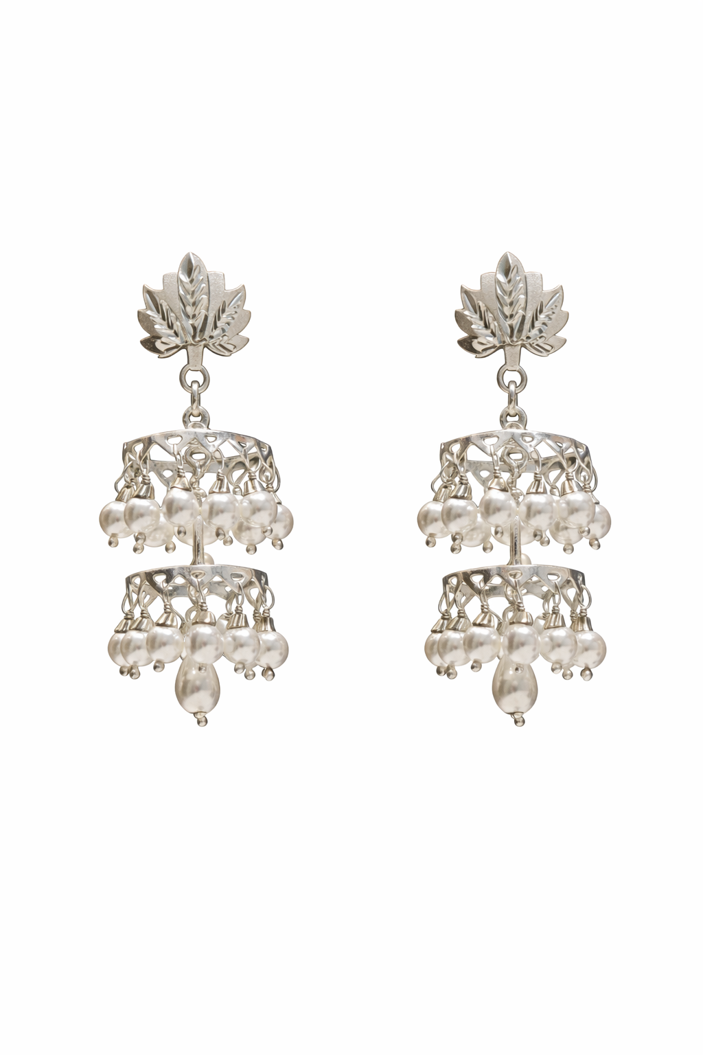 Pearl Cascade Jhumka – Dual-Layer Pure Silver Earrings
