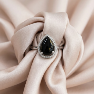 Midnight Teardrop Silver Halo Ring