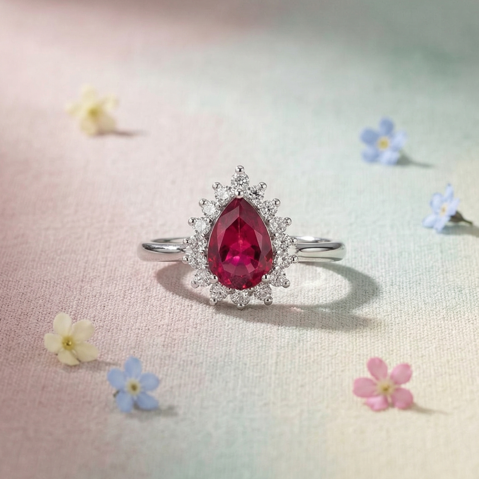 Crimson Teardrop Halo Ring
