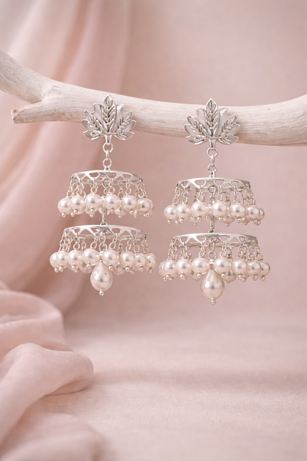 Pearl Cascade Jhumka – Dual-Layer Pure Silver Earrings - Image 3