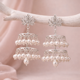 Pearl Cascade Jhumka – Dual-Layer Pure Silver Earrings