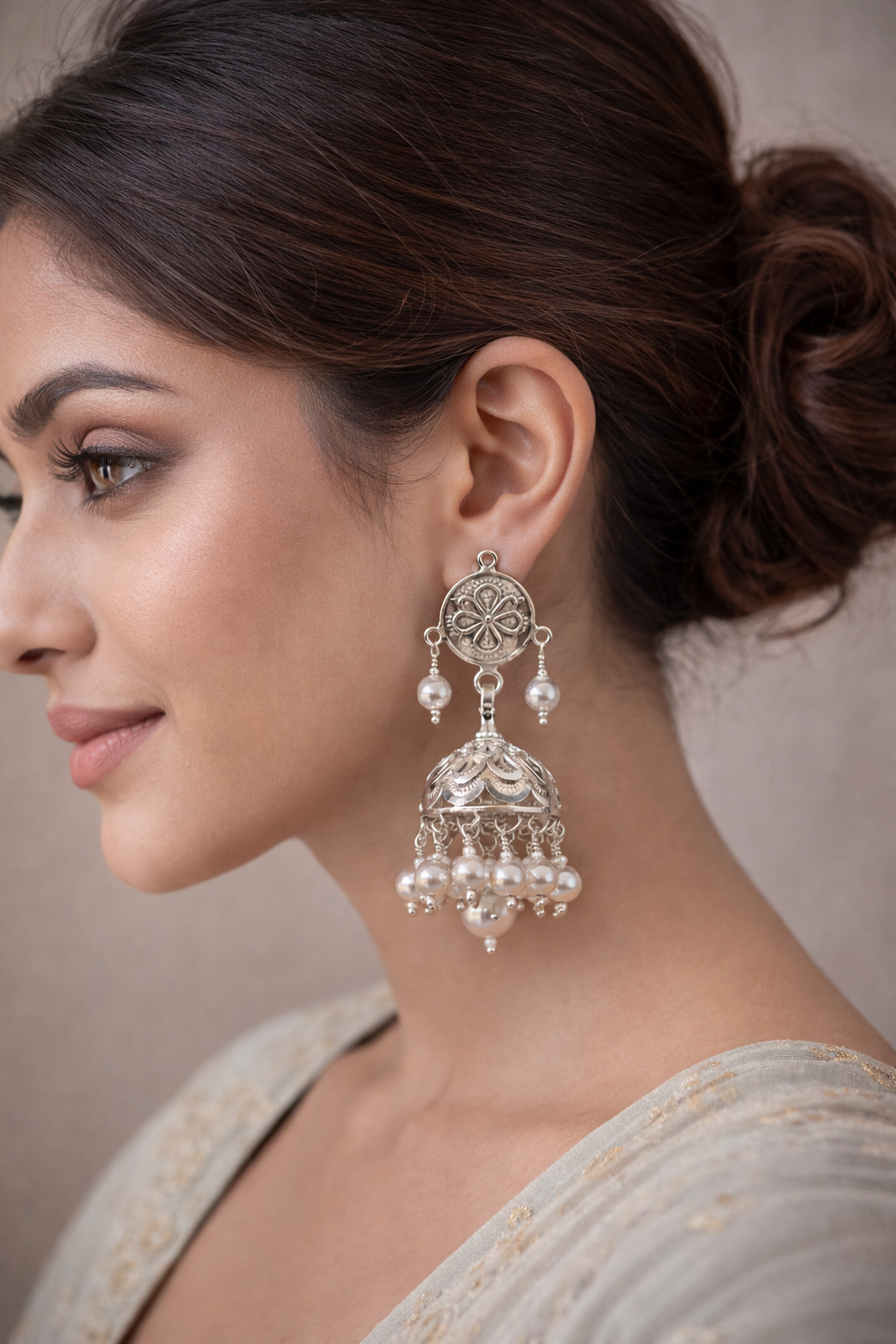 Chandrika Pearl Jhumka Pure Silver Earrings - Image 5