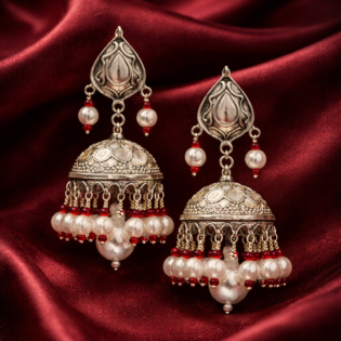 Noorika Pearl Flame Pure Silver Jhumka Earrings - Image 3