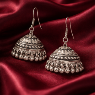 Chandrika Heritage Jhumka – Classic Pure Silver Dome Earrings - Image 3