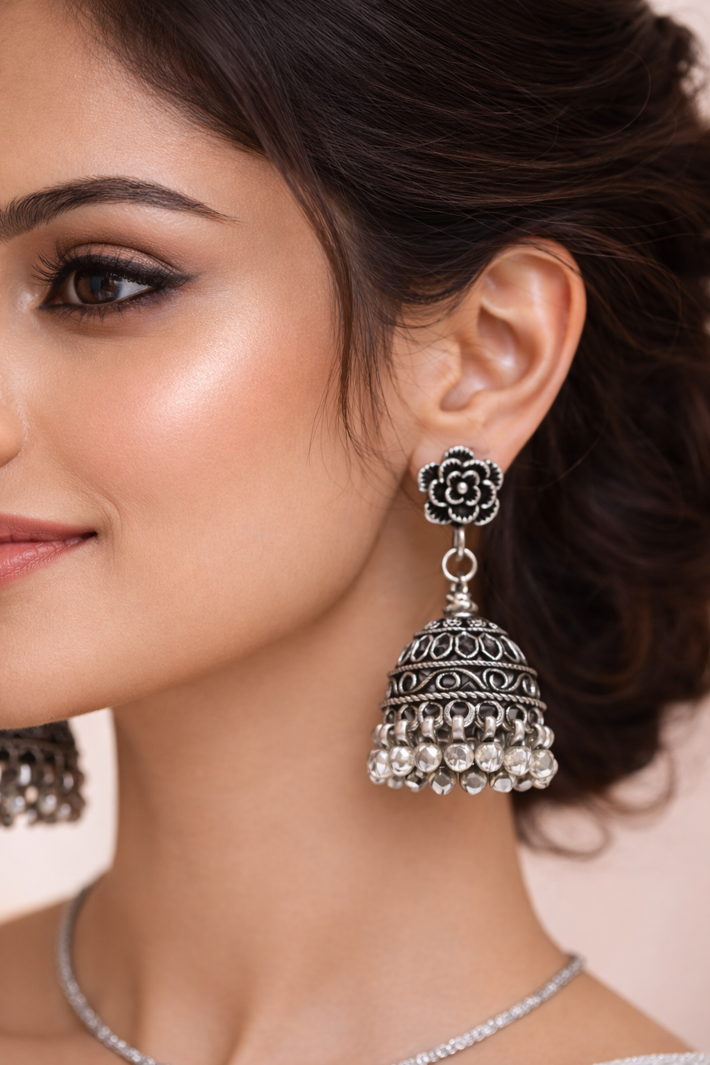 Kavya Bloom Antique Pure Silver Jhumka Earrings - Image 5