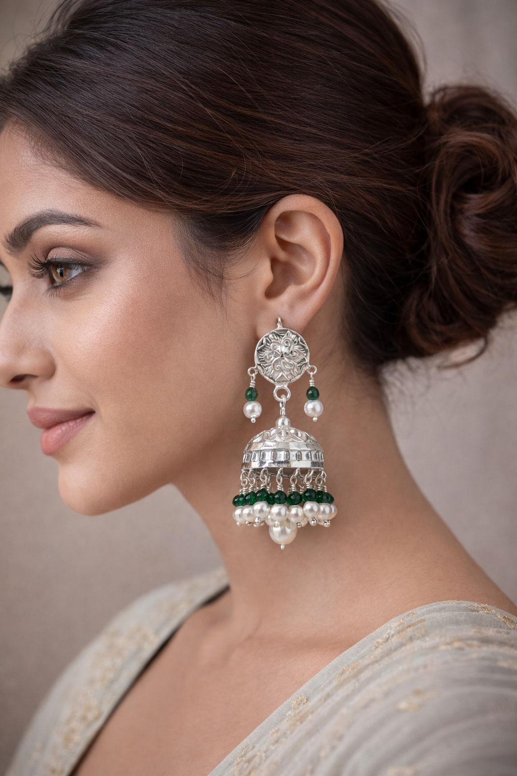 Emerald Pearl Noor Pure Silver Jhumka Earrings - Image 4