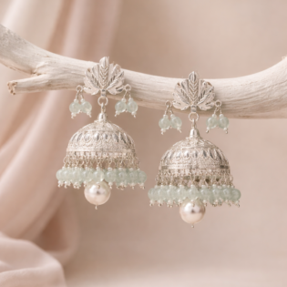 Mint Blossom Jhumka – Pure Silver Pearl & Chalcedony Earrings