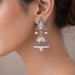 Noorika Pearl Flame Pure Silver Jhumka Earrings - Image 4