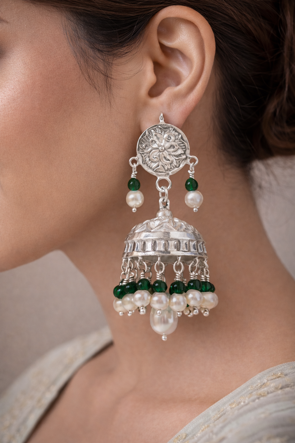 Emerald Pearl Noor Pure Silver Jhumka Earrings - Image 5