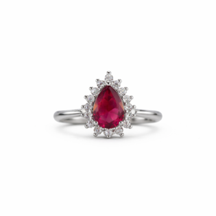 Crimson Teardrop Halo Silver Ring