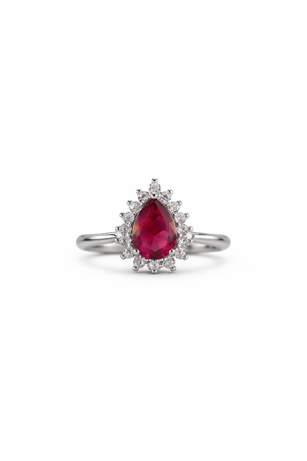 Crimson Teardrop Halo Silver Ring